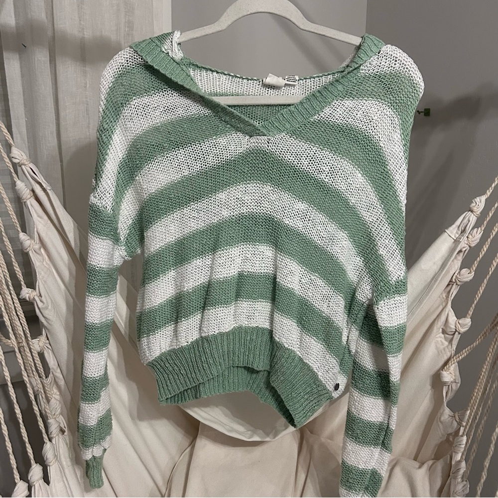 Roxy Green and White Striped V-Neck Sweater